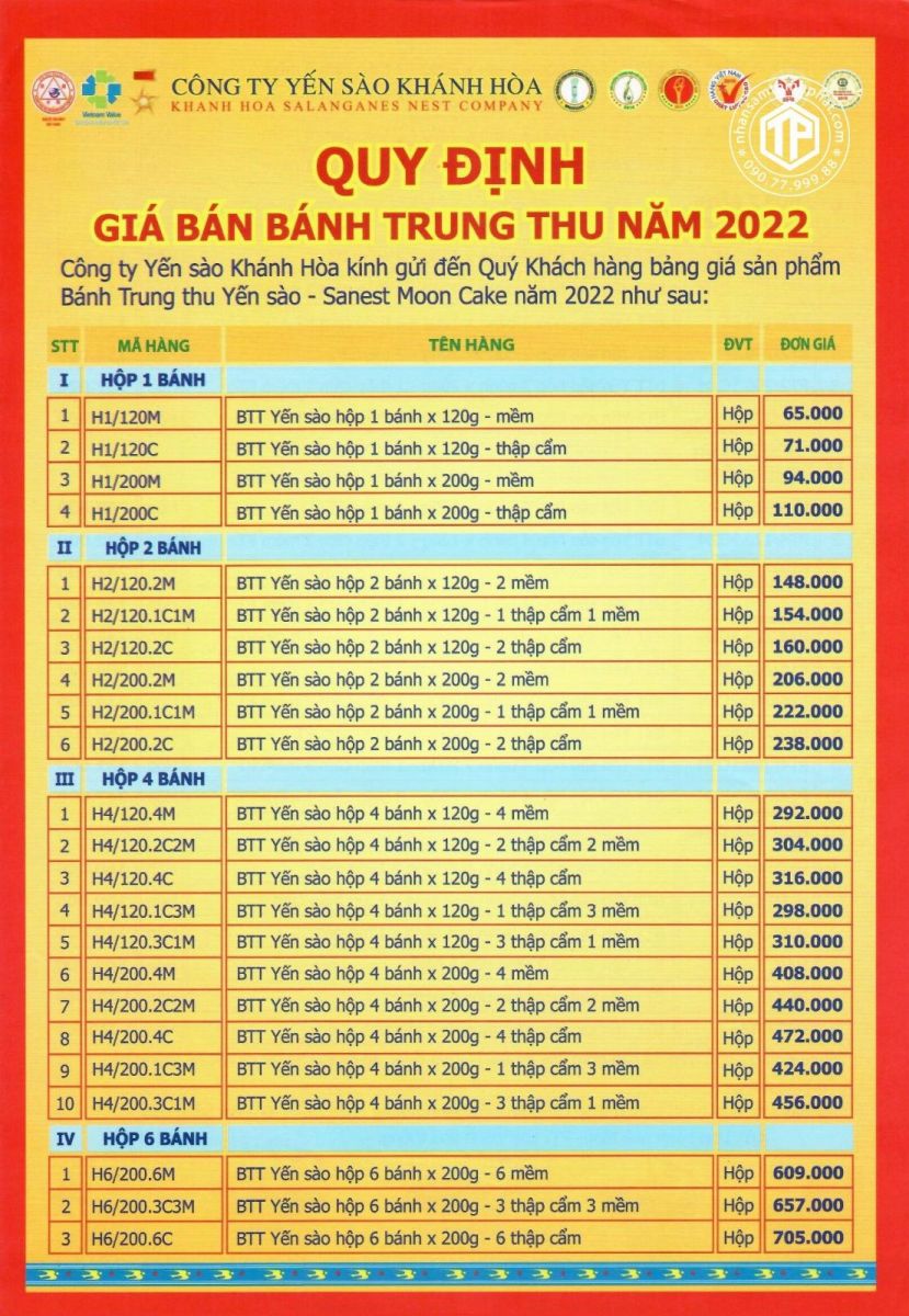 Bảng giá bánh trung thu yến sào Khánh Hòa 2022