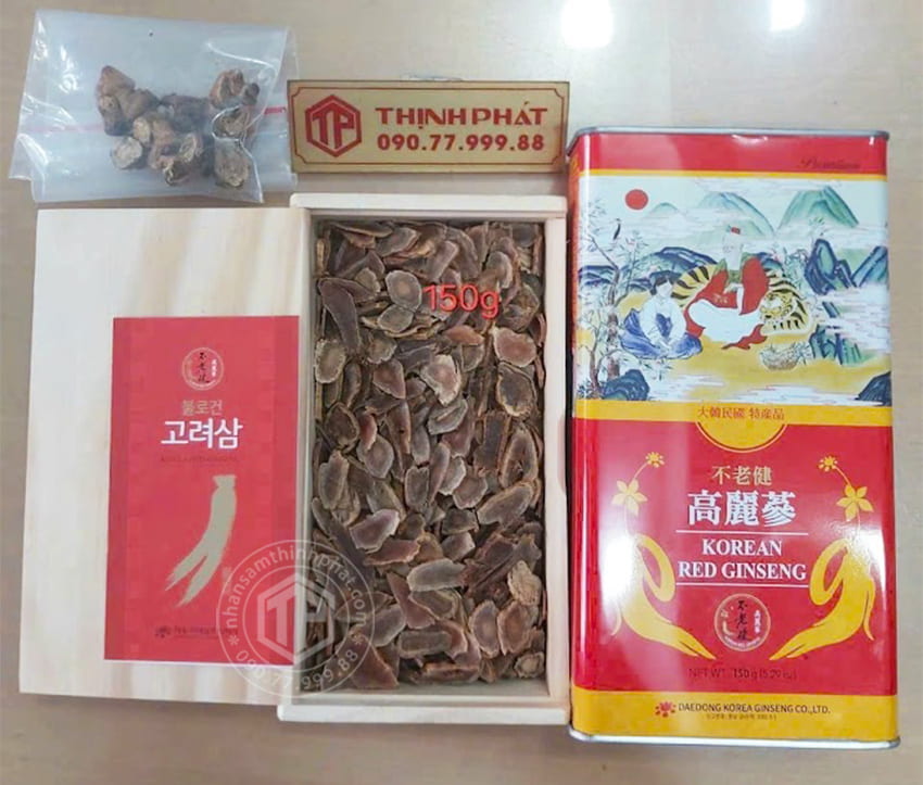 Hồng sâm củ khô 6 năm tuổi 150g hộp thiếc chính hãng Daedong Hàn Quốc