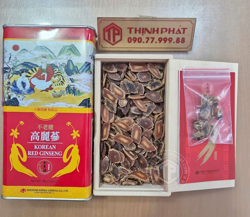 Hồng sâm củ khô 6 năm tuổi 75g hộp thiếc chính hãng Daedong Hàn Quốc